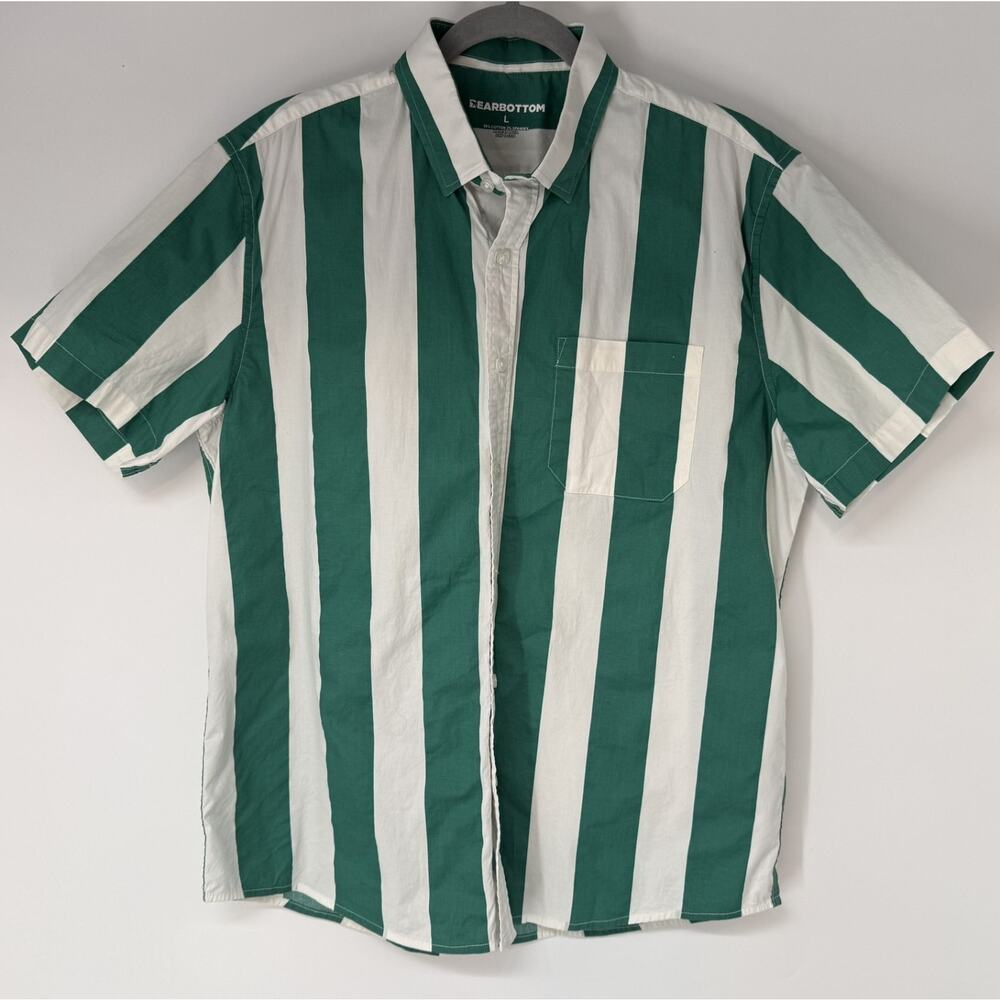 Bearbottom Marina Button Up Shirt Mens L Green White Stripes Casual Camp Stretch